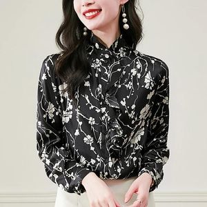 Kvinnors blusar 19mm Real Silk Satin Vintage Shirt Ruffles Långärmad eleganta skjortor för kvinnors toppar Floral Print Woman Blus