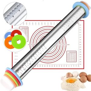 Adjustable Rolling Pin Stainless Steel Pastry Dough Roller Non Stick Pastry Sheet Dough Mat with Scale Bakery Baking Accessories