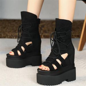 Sandálias cunhas de verão tênis de moda feminino lace up vaca couro alto salto gladiador fêmea aberta de pé bombas sapatos casuais sapatos