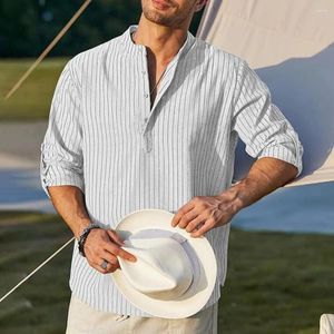 Camisas casuais masculinas Men listras de camisa estampada colar de colar de colar com abojão macio para a primavera