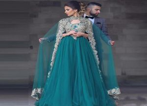 2019 Dubai Arabic Evening Dresses Dark Green with Cape Lace Appliques Two Pieces Prom Gowns Long Tulle ALine Beaded Muslim Formal3201276