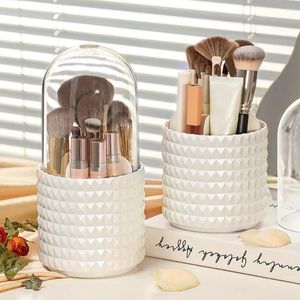 Lagringslådor 1pc Makeup Brush Organizer Compact with Dustproare Cover Holder 360-graders roterande kosmetisk arrangör för läppstift