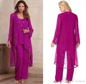 Plus Size Fuchsia Mother Of Bride Pant Suit Three Pieces Chiffon Mother Formal Wear Beaded Special Occasion Mothers Pantsuit With 6988795