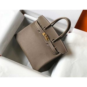 High definition leather designer bag Little Cow Leather Bag Epsom Elephant Grey Classic Home Handmade Womens Bag Honey Wax Thread Handbag