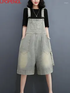 Women's Jeans Fashionable Retro Loose Denim Overalls 2024 Summer Streetwear Versatile Pockets Wide Leg Knee Length Jumpsuit Pants