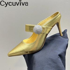 Scarpe eleganti 2024 Designer primaverile Donne Donne Pompe autentica Gold Teli alti Crystal Pinture Stiletto Sandals Banchetto per feste