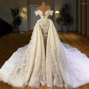 Kleider Hochzeitskleid anmutige luxuriöse Meerjungfrau Ärmele mit abnehmbarem Zug Brautkleider benutzerdefinierte Spitzen -Applikationen Vestido de Novia