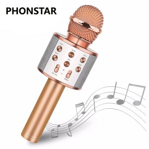 Microphones WS858 Microphone for Kids Singing 5 in 1 Wireless Bluetooth Microphone with LED Lights Machine Portable Mic Speaker New Gifts