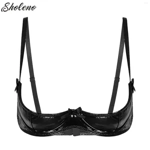 Bras feminina aberta copo de mama sutiã de couro lustroso com push up roupas íntimas look molhado de brassiere bralette