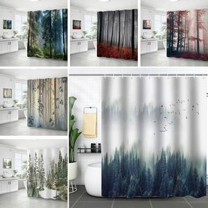 Shower Curtains Misty Forest Printed Curtain Natural Woodland Waterproof Bathroom Green Pine Trees Decor Bathtub Screen