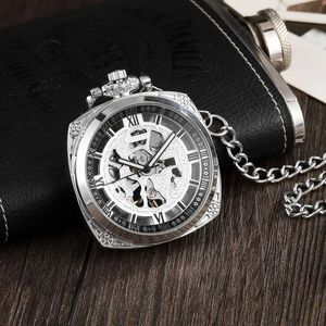 Silver Roman Numeral Square Dial Mechanical Hand Winding Pocket Watch Open Face Elegant Retro Pendant Manual Mechanism Timepiece 240327