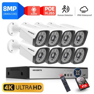 Sistema kit NVR Poe 4K con rilevamento umano 24/7 Registrazione 8MP ULTRA HD CAM 8CH 8CH Sicurezza esterna Audio Sistema HDD opzionale