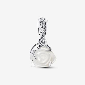 Nova chegada 100% 925 Sterling Silver White Rose in Bloom Double Dangle Fit Fit original European Charm Bracelet Jewelry Acessórios