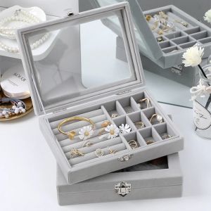 Rings Velvet Gray Carrying Case with Glass Cover Jewelry Ring Display Box Tray Holder Storage Box Organizer Earrings Bracelet Showcase