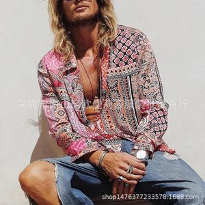 Camisas casuais masculinas camisa vintage havaí lapela cardigan manga longa homens coloridos colarinho gole de streetwear retro