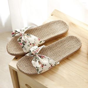 Sapatos casuais bohemia sandálias femininas linho flags blowknot slipper veados formam chinelos femininos para o dedo do pé aberto