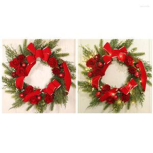 Decorative Flowers Christmas Door Wreath Artificial Rose Flower Red Ribbon Bowknot Faux Green Leaves With LED Light For Home Farmhouse Wall