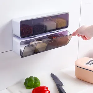 Storage Bottles Kitchen Salt Sugar Condiment Box Wall-Mounted Drawer Type MSG Four Compartments One Free Punch