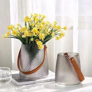 Vasen Leichte Luxusglas transparent tragbarer Vase Buntes Leder kreativer Esstisch Wohnzimmer Home Dekoration