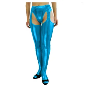 Frauen Shipies Erotic Shiny Metallic Faux Leder Sexy offener Schritt Oberschenkel hohe lange Hosen Strumpfhosen Pyjamas hohl Strumpfhosen Kleidung zum Schlaf