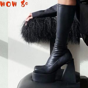 Walking Shoes 2024Brand Winter Women High Heeled Boots Mid Calf Platform Chunky Non Slip Fashion Elegant Trendy Quality