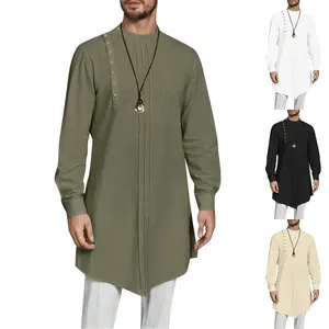 Roupas étnicas 2024 Homens homens abaya stand colar de manga longa islam kaftan cor sólida thobe camisetas casuais verão