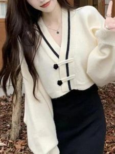 Kvinnors hoodies spänne kontrasterande V-Neck fashionabla tröja jacka för höst och vinterlös passande långärmad kort stickad kofta