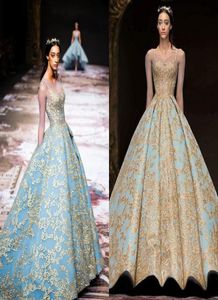 Lyxguld spets långärmad aftonklänningar vintage himmelblå Michael Cinco Sheer Neck Saudiarabien Plus Size -tillfälle Prom Dress3987954