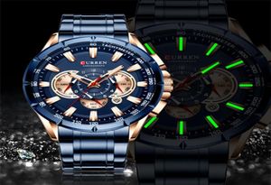 Curren Luxury Brand Men039s Assista Blue Quartz Wristwatch Sports Cronógrafo Relógio Masculino Banda de Aço Anterior Moda Business WA5268156