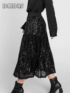 Skirts Sequin Tiered Midi Skirt For Women Black Lined Stretch Waistband Dress