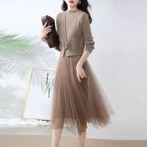 Work Dresses Autumn Suit Women Female Solid Fashion Casual Knitted Sweater Cardigans And Mesh Dress Elegant Women's Two Piece Set G559