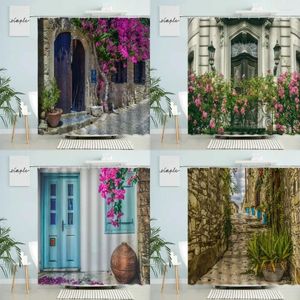 Shower Curtains Greece Street View Curtain Village Town Old Stone Brick Wall Green Plant Flowers Scenery Bathroom Decor Waterproof Screen