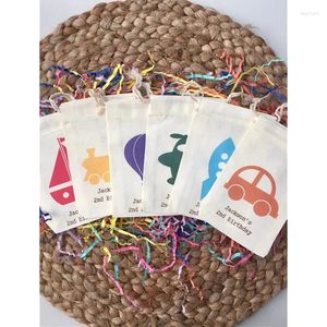 DrawString Transportation Party Favor Bag Anpassa födelsedag Muslin Boat Car Rocket Plane Air Balloon and Train Påsar Treat