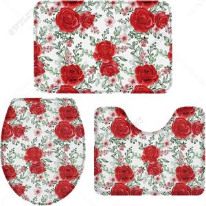 Tappetini da bagno 3 pezzi Set di vallentine ad acquerello delle piante di fiori di rosa decorazione natalizia non slittamento accogliente tappeto da bagno accogliente