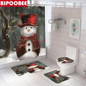 Shower Curtains Snowman Merry Christmas Curtain For Bathroom Decoration Snowfield Xmas Toilet Lid Cover Non-slip Carpet Bath Mat Rug