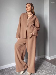 Hemkläder Hiloc Brown Cotton Sleepwear Women's Clothes Long Sleeve 2 Piece Set Loose Trouser Suits Casual Female Pyjama 2024 Autumn