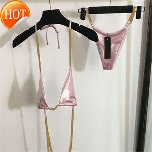 2024 New Fashion Designer Wholesale Womens Swimwear Sexy Pink Split Women Bikinis Set Halter Black Padded Beach Bra Briefs Set Charming Bathing Suit Swimsuits With T