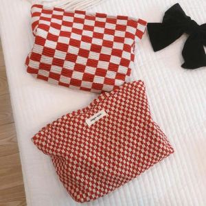 Cosmetic Bags Korean Women's Bag Case Canvas Red Plaid Makeup Fabric Travel Toiletry Zipper Beauty Brush Organizer Clutch