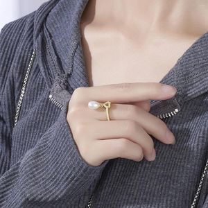 Cluster Rings Natural Freshwater Pearl Micro Diamond Zircon Fashion Simple Love Rice Bead Ring Personalized Light Luxury Adjustable