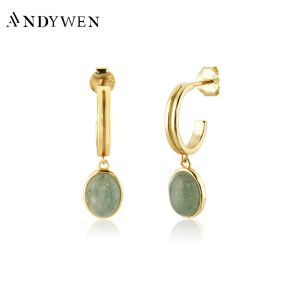 Örhängen Andywen 100% 925 Sterling Silver Gold Green Gems Pendientes Three Zircon Cz Circle Drop Earring 2022 Women Wedding Fine Jewelry