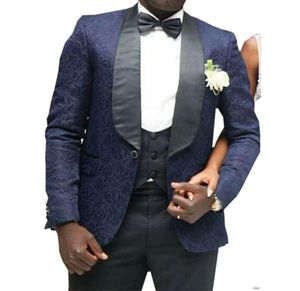 New Stylish Design One Button Navy Blue Groom Tuxedos Shawl Lapel Groomsmen Man Suits Mens Wedding Suits JacketPantsVestT9997897