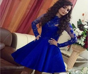 Royal Blue Short Lace Homecoming Dresses Appliques Long Sleeves High Neck Satin Sexy Party Cocktail Dress Prom Gowns 20166234734