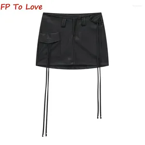 Skirts Y2K Designed Sexy Lace Up Mini Faux Leather Black PU Low Waist Double Pockets Package Basic Bottom Street Culottes Outfit