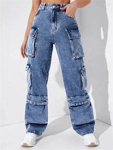 Kvinnors jeans mode multi fickor denim byxor för kvinnor vår y2k kläder hög midje last safari stil byxor