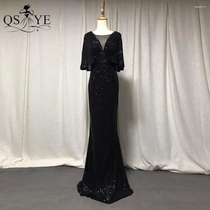 Party Dresses Qsyye Black Sequin Evening Mermaid Sexy V Neck Ruched Gown Elegant Glitter Short Bat Sleeves Formell klänning