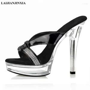 Tofflor laijianjinxia mode glitter strass 13 cm hög strippare heeled skor super stora nattklubb kvinnor