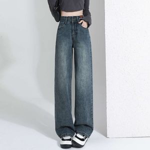 Hög midja breda ben Jeans Kvinnor på våren 2024 Ny Loose Slim Fit Drooping och golv som drar raka benbyxor