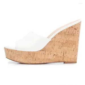 Sandals Fashion Wooden Wedge Heels White Leather Open Toe Platform Wedged Summer Shoes Plus Size 45