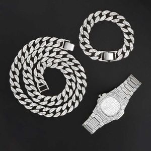 Strands Necklace+watch+bracelet Hip Hop Miami Curb Cuban Chain Gold Iced Out Paved Rhinestones Bling Rapper for Men Jewelry 230613