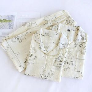 Home Clothing Summer Couple Pajamas Cotton Gauze Bamboo Leaf Print Lady Short Sleeved Shorts 2 Piece Set Female Sleepwear Men